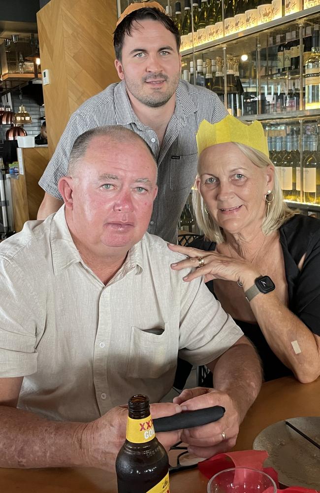 (L-R) Glenn, Jene and Gayle Morgan enjoying Christmas Day at Wharf One in Darwin 2022. Picture: Annabel Bowles