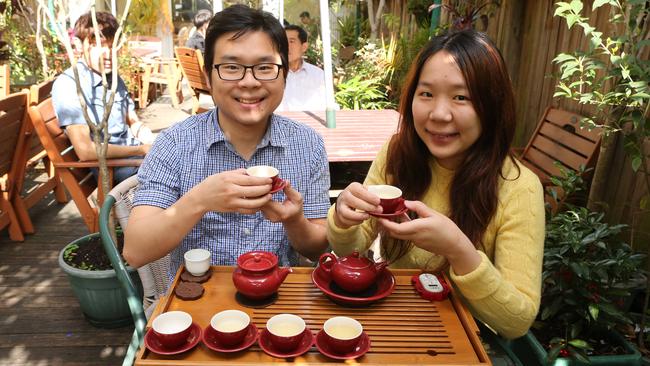 Brother and sister Jimmy and Sophie Hsu having tea at Ten Ren Tea at 389 Victoria Ave, Chatswood. Picture: Rohan Kelly