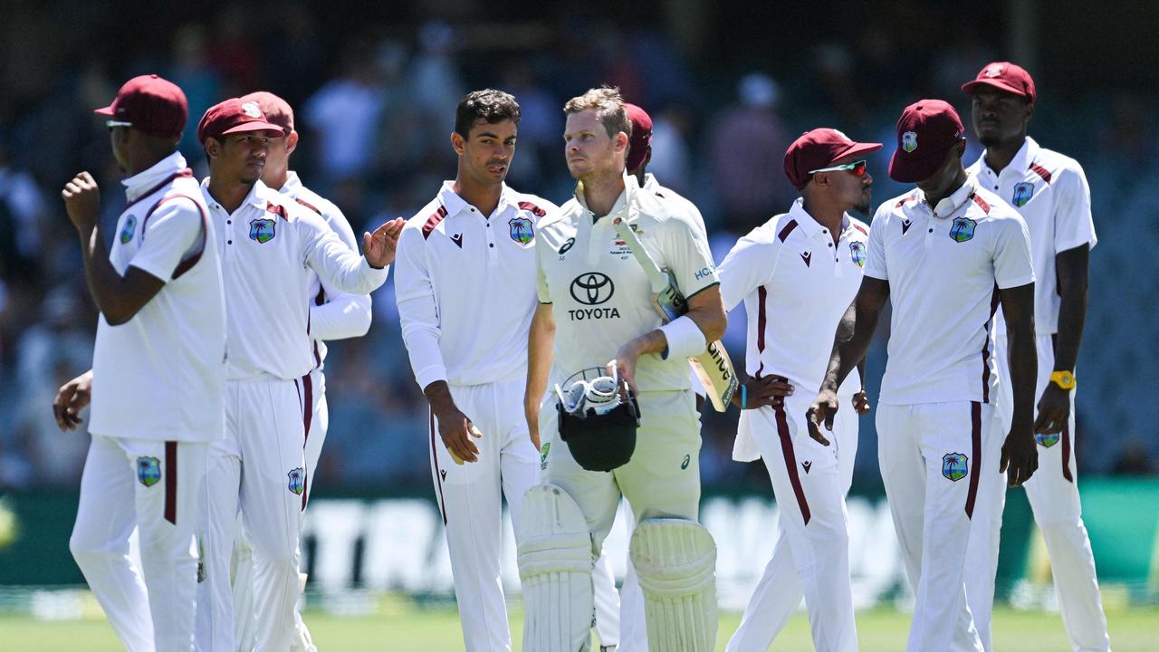 Australia’s Steve Smith (C) reacts after his team's victory in the first cricket Test match between Australia and West Indies at Adelaide Oval in Adelaide on January 19, 2024. (Photo by Izhar KHAN / AFP)