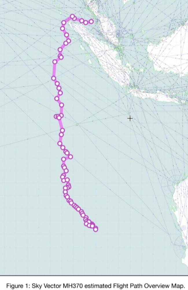 Estimated MH370 flight path, with the island of Sumatra in the top right. Picture: Supplied