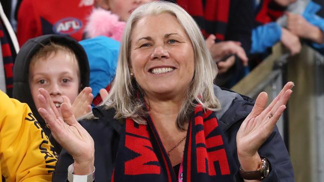 AFL Round 8.   08/05/2021. Melbourne vs Sydney Swans at the MCG, Melbourne.  Melbourne president Kate Roffey cheers on the Demons after win over Sydney   . Pic: Michael Klein