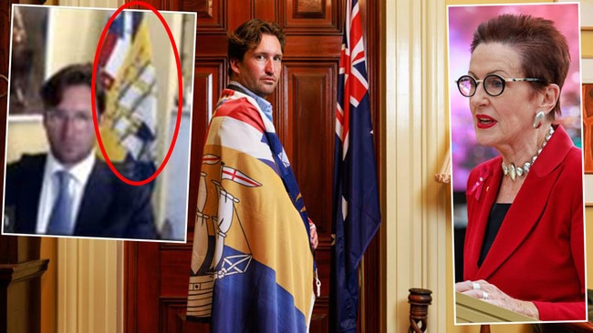 Staff at Clover Moore’s, right, City of Sydney confiscated a Sydney flag from Liberal councillor’s Lyndon Gannon's office after the council banned the ensign because it “contains no acknowledgment of First Nations people”. The flag was spotted hanging in Mr Gannon's office during a Zoom call (inset left). Pictures: News Corp/Supplied