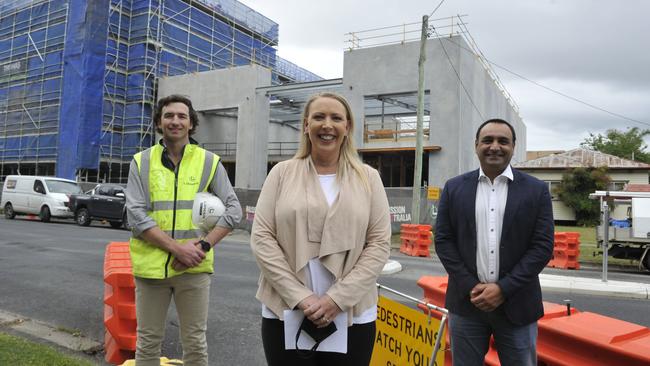 Lipman project manager Mike Zucker, Mission Australia regional manager Charoah Evans and Coffs Harbour MP Gurmesh Singh in front of Mission Australia's social housing and community building development on Duke St Coffs Harbour. Photo: Tim Jarrett