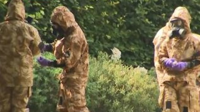 Officers in hazmat suits search a Salisbury toilet block for Novichok. Picture: Sky News