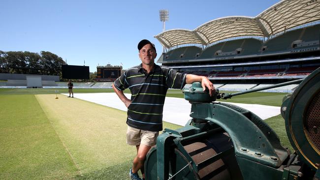 Adelaide Oval curator Damian Hough with the pitch for the first Test. Picture: Kelly Barnes