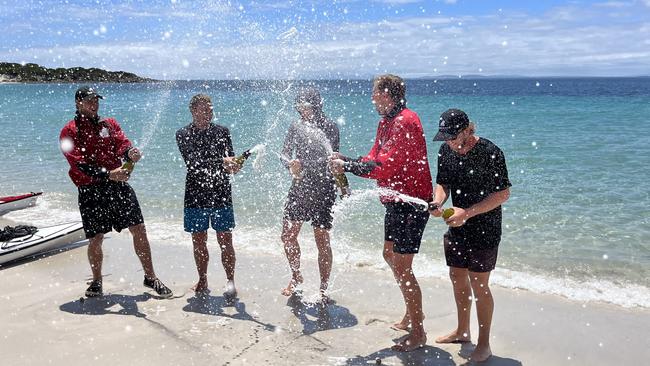 A group of five Sydney mates have finished their gruelling 13-day kayak crossing of Bass Strait. They island hopped and finished the treacherous crossing at Little Musselroe Bay in Tasmania's North-East on Friday raising funds for the Black Dog Institute. Picture Supplied.