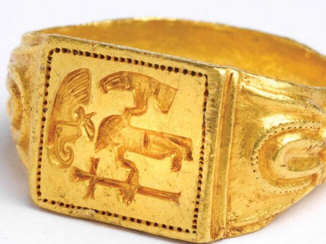 A gold ring dated from AD580-650 suggests a depiction of falconry COURTESY OF SAFFRON WALDEN MUSEUM