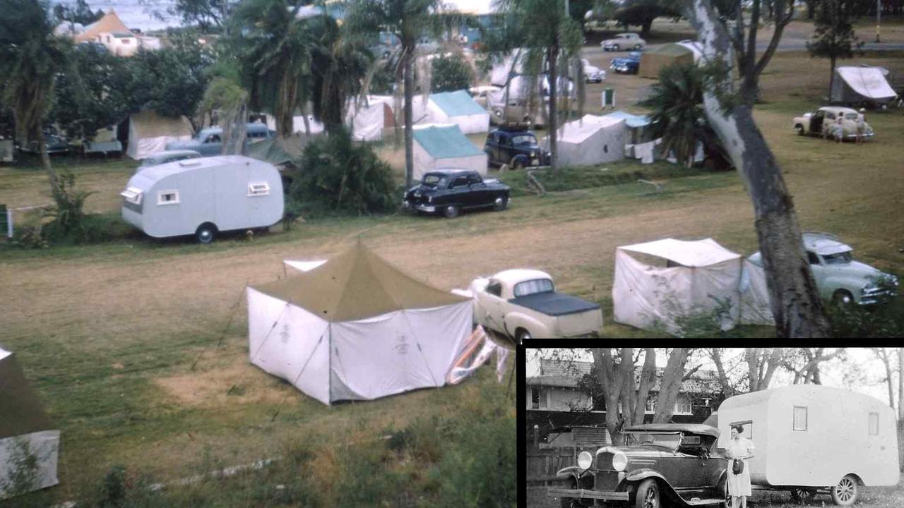 LOOKING BACK: The Pialba Caravan Park, in 1950 shows the mainly canvas tents and a few bondwood caravans. The insert shows the original 1930’s model with right hand door, the vans were first made by a Queensland resident who got the working plans from America, which is why they had the right-hand door.