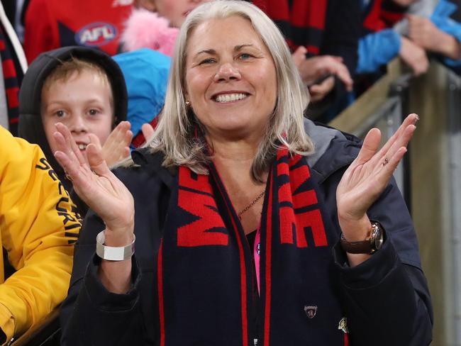 AFL Round 8.   08/05/2021. Melbourne vs Sydney Swans at the MCG, Melbourne.  Melbourne president Kate Roffey cheers on the Demons after win over Sydney   . Pic: Michael Klein