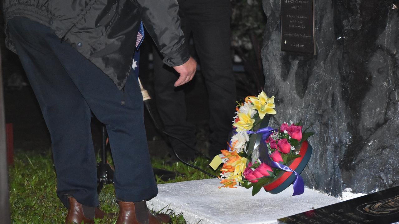 Wreaths being laid at the Kuttabul dawn service at the Hampden State School Remembrance Garden 2021. Picture: Lillian Watkins