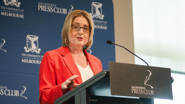 Premier Jacinta Allan speaking at a Melbourne Press Club Lunch on Thursday 24/10/2024. At the lunch, the Premier announced a review into building and planning systems in a bid to fast track and simplify the subdivision process. Picture: Melbourne Press Club