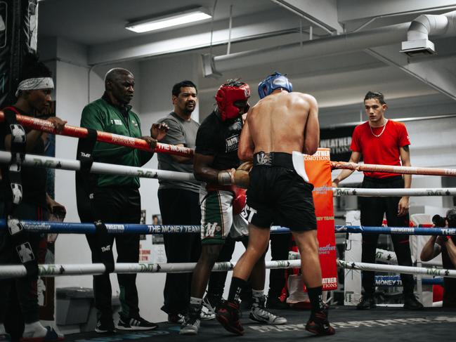 Tim Tszyu punches Kevin Johnson in sparring while Floyd Mayweather Sr (left, green jacket) watches on. Photo courtesy of TMT.