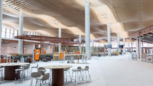 The arrivals terminal at Western Sydney Interntional airport which will open late 2026. Picture: Thomas Lisson