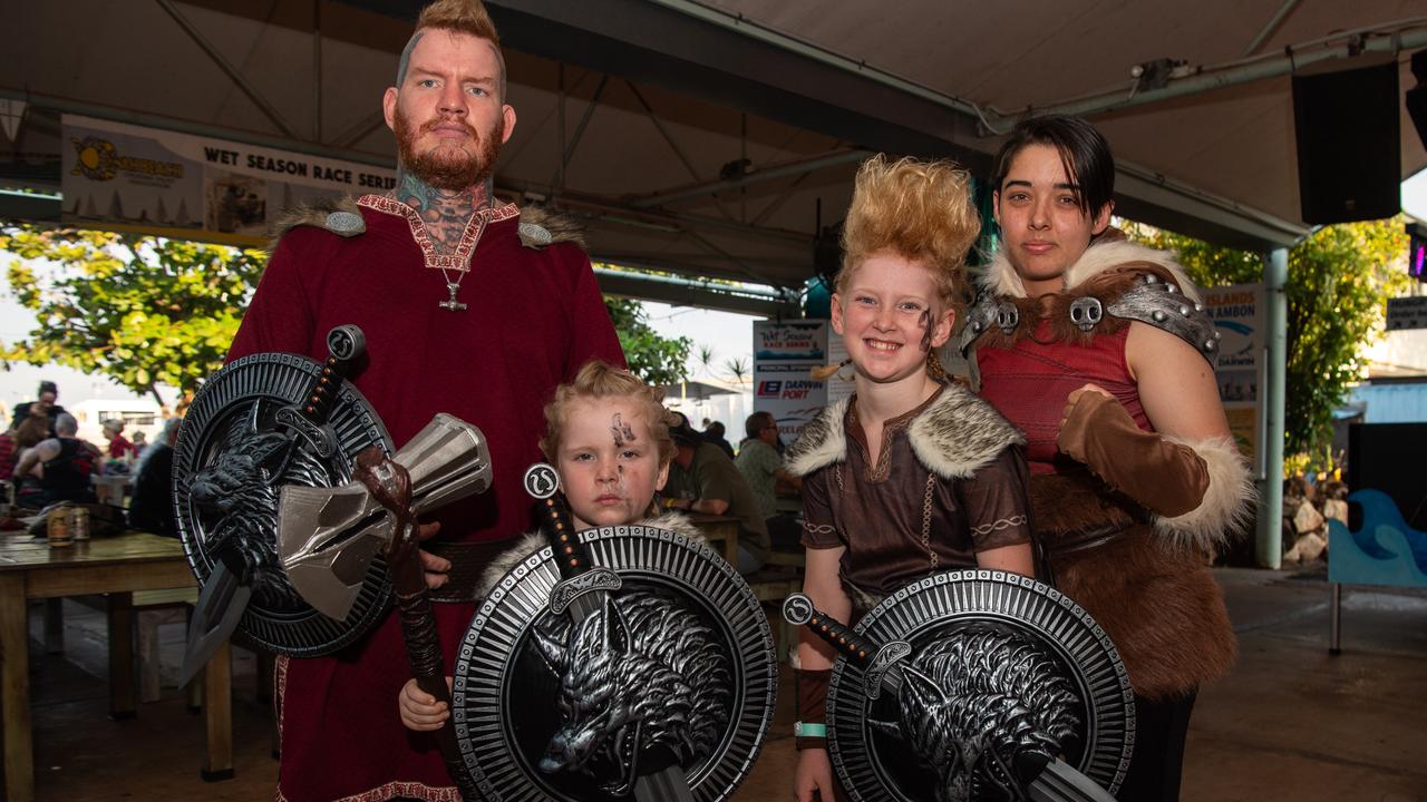 Loki Hutchins, Travis Hutchins, Odin Hutchins and Charmaine Hutchins at the 2024 Dinah Beach Viking Funeral. Picture: Pema Tamang Pakhrin