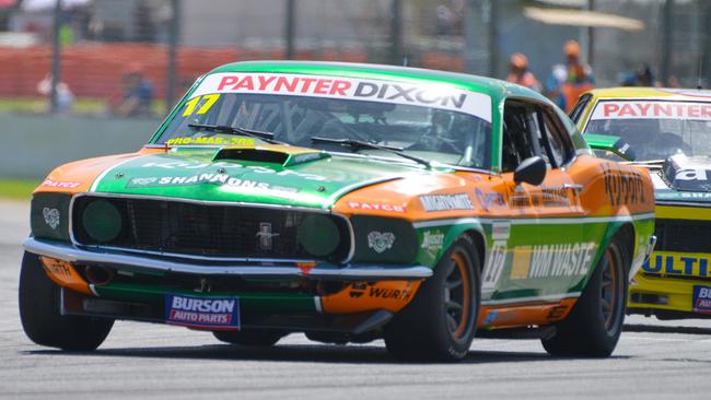 Touring Car Masters Ford Mustang driver Steve Johnson on his way to victory on Friday. Picture: AAP Image/Brenton Edwards