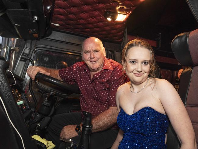 Toowoomba Flexi School graduate Rhianna Hazard was driven to the formal by her grandfather Bernie Huddle in his prime mover at Burke and Wills Hotel, Thursday, October 10, 2024. Picture: Kevin Farmer