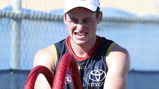 Chayce Jones working hard on the ropes at Crows training on Thursday. Picture: Sarah Reed