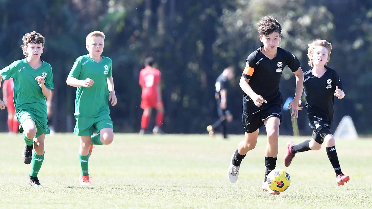 Football Queensland Community Cup carnival, Maroochydore. U13 boys, Sunshine Coast V Metro North. Picture: Patrick Woods.