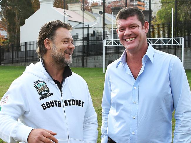 Russell Crowe and James Packer at the National Centre of Indigenous Excellence in Redfern announcing a new sponsorship deal for South Sydney. Packer's Crown Resorts will be the Club's Major Home Corporate Partner in a new three year deal which starts in 2014 once the current deal with The Star expires.