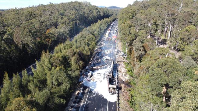 The drone footage captures wreckage strewn across all lanes of the highway. Picture: Frank Redward