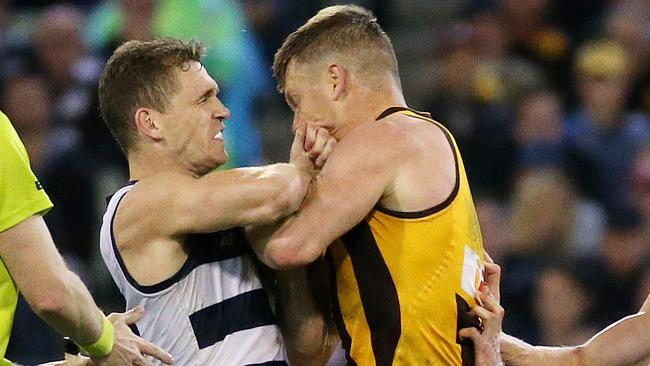 The best of enemies Joel Selwood and Sam Mitchell but which one is better? Picture: Colleen Petch