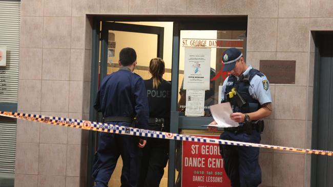 Police and Forensics officers investigate the stabbing at St George Dance Studio, Kogarah Picture: Damian Hoffman