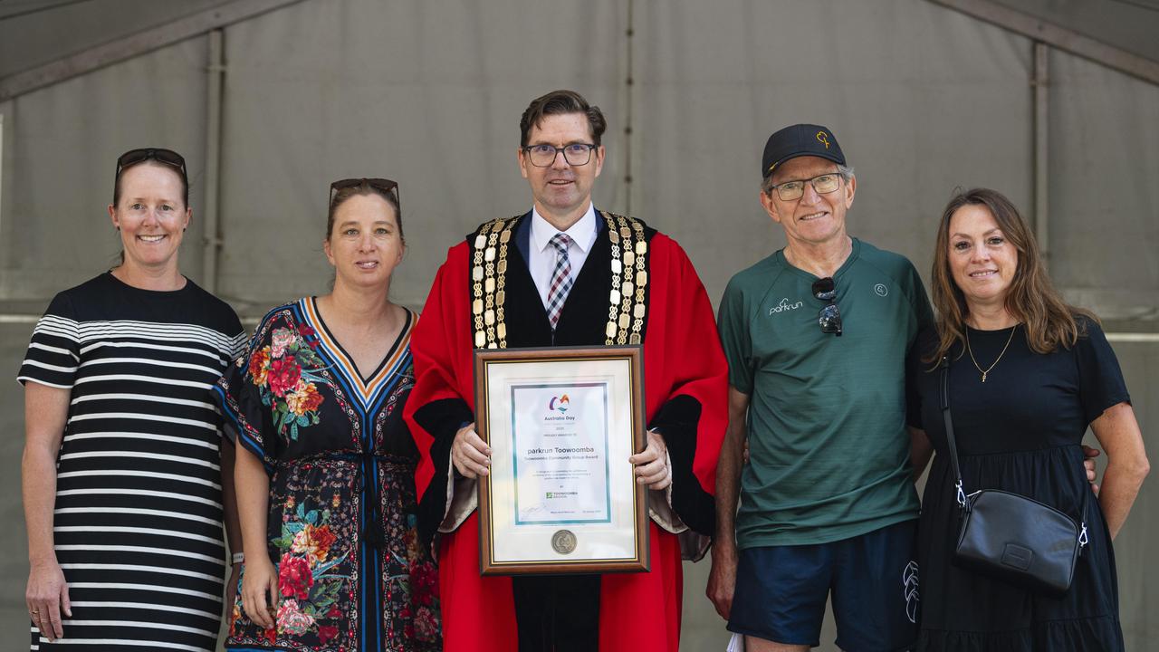 Parkrun Toowoomba are named the Toowoomba Community Group Award recipients, representing parkrun Toowoomba are (from left) Margie Bryant, Anna Jones, Steve Antonio and Lisa Salisbury with Toowoomba Mayor Geoff McDonald, at Toowoomba Australia Day celebrations at Picnic Point, Sunday, January 26, 2025. Picture: Kevin Farmer