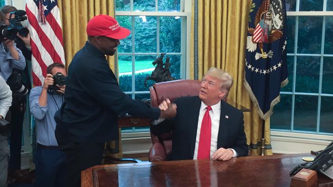 Then President Donald Trump meets with rapper Kanye West in the Oval Office. Picture: AFP.