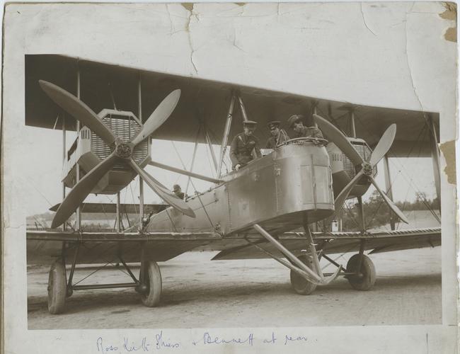 In the front cockpit, Ross Smith, Keith Smith, and Wally Shiers, and in the rear cockpit Jim Bennett. Picture: State Library of South Australia