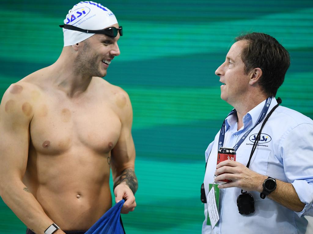 Kyle Chalmers and coach Peter Bishop in 2021. Picture: Getty Images
