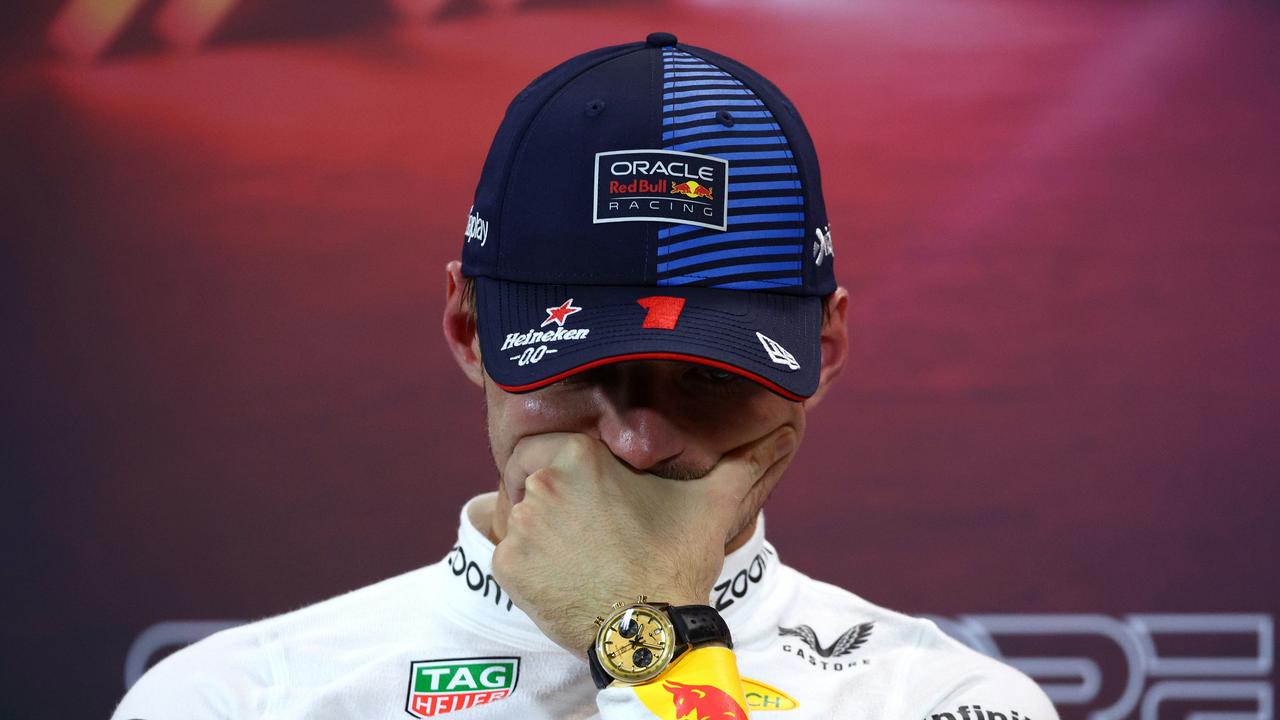 SINGAPORE, SINGAPORE - SEPTEMBER 21: Second placed qualifier Max Verstappen of the Netherlands and Oracle Red Bull Racing attends the press conference after qualifying ahead of the F1 Grand Prix of Singapore at Marina Bay Street Circuit on September 21, 2024 in Singapore, Singapore. (Photo by Clive Rose/Getty Images)