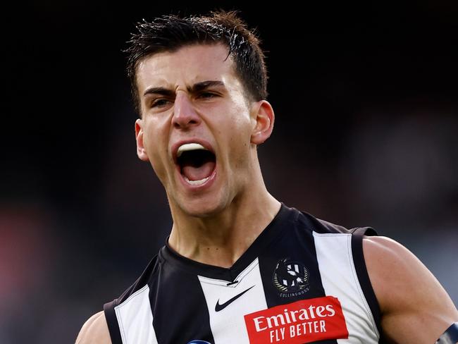 MELBOURNE, AUSTRALIA – AUG 17: Nick Daicos of the Magpies celebrates a goal during the 2024 AFL Round 23 match between the Collingwood Magpies and the Brisbane Lions at The Melbourne Cricket Ground on August 17, 2024 in Melbourne, Australia. (Photo by Michael Willson/AFL Photos via Getty Images)