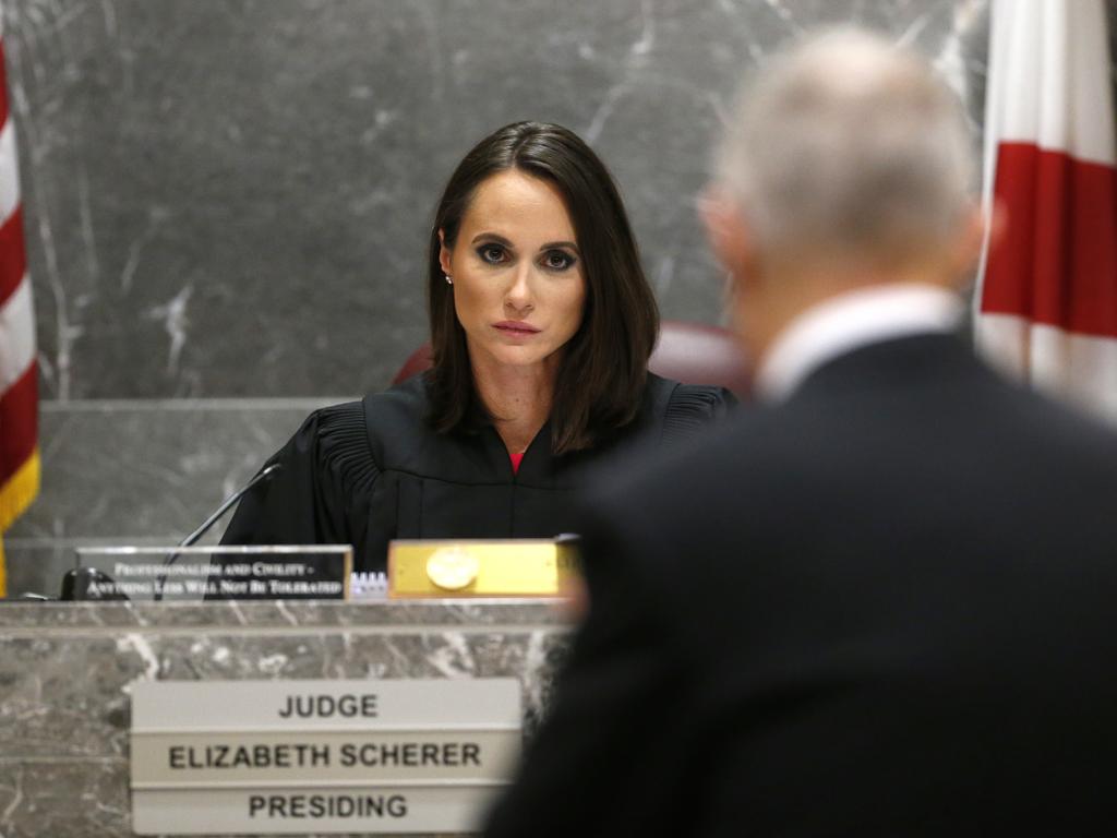 Judge Elizabeth Scherer, rear, listens to chief assistant state lawyer Jeff Marcus during the hearing for school shooting suspect Nikolas Cruz. Picture: AP