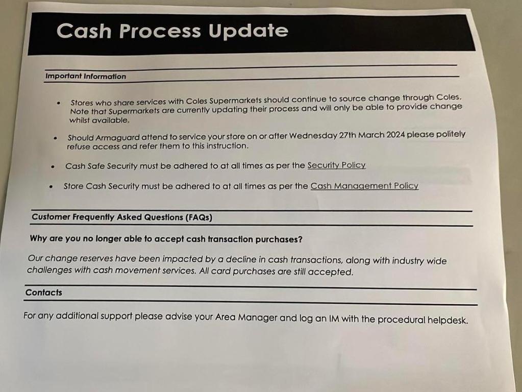 The memo on the cash process update was sent to staff at Coles supermarket and liquor stores. Picture: Reddit