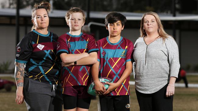 Mel Burns, William Burns, 12, Bailee Goodwin, 12, and Shona McCelland at the Carseldine Sporting Precinct. Picture: Josh Woning