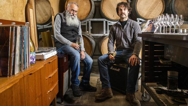 With international tourism at a standstill, winemakers Ralph Zuccaro, right, and Stuart Dudine look forward to welcoming more domestic visitors when they host their Vino and Vinyl winter do at Six Acres cellar door as part of the third Fireside Yarra Valley festival east of Melbourne. Picture: Aaron Francis