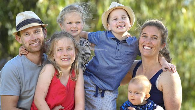 Ned Isham, 5, with hat, and dad Seth, sisters, Lucy 9, and Eleanor, 2, brother Gilbert and mum Emily. Picture: Jason Edwards