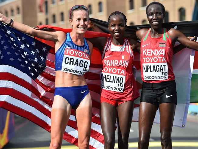 The three medallists in the women’s marathon.