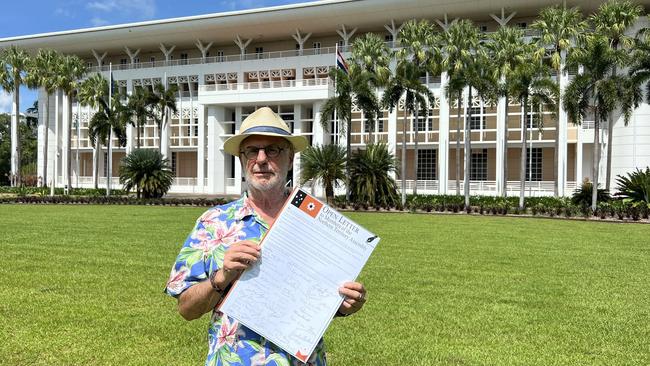 Dr Philip Nitschke met Chief Minister Natasha Fyles at Parliament House on Wednesday, where he presented her with an open letter signed by dozens of Territorians advocating for euthanasia laws. Picture: Supplied