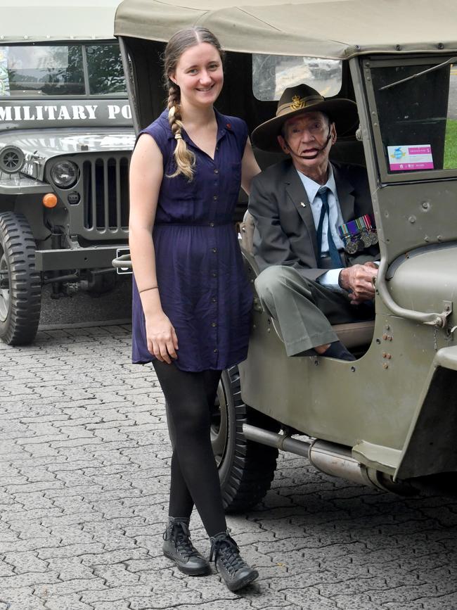 Anzac Day parade on the Strand in Townsville. Laura Howden with her grandfather Veteran Col O'Brien. Picture: Evan Morgan