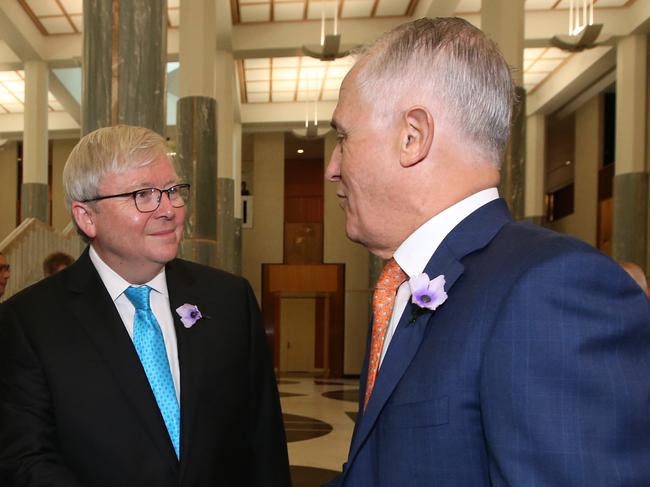 Former Liberal Leader Dr Brendan Nelson, Former PM Kevin Rudd with PM Malcolm Turnbull meeting at a breakfast to mark the 10th Anniversary of the National Apology to Australiaâ€™s Indigenous Peoples, at Parliament House in Canberra. Picture KymSmith