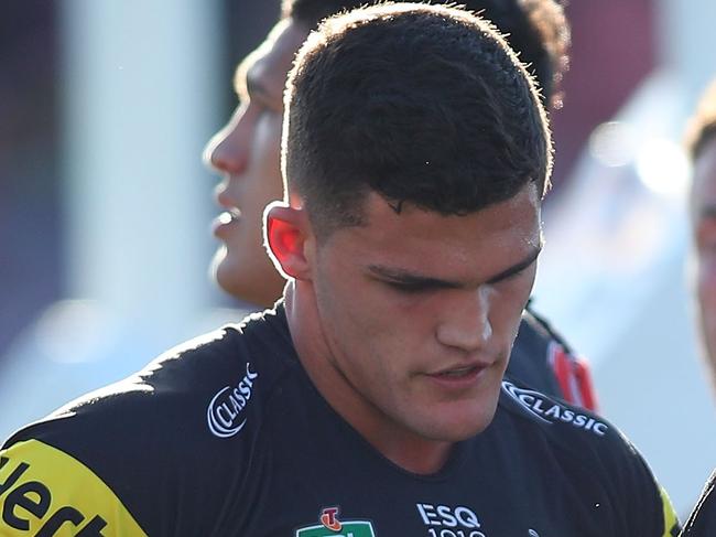 PENRITH, AUSTRALIA - JUNE 30:   Panthers players look dejected during the round 16 NRL match between the Penrith Panthers and the Manly Sea Eagles at Panthers Stadium on June 30, 2018 in Penrith, Australia.  (Photo by Tony Feder/Getty Images)