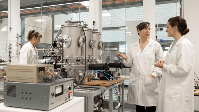 From left, the University of Sydney’s Marcela Bilek, Shelley Wickham and Anna Waterhouse working on the $12.6m research project to develop responsive materials.