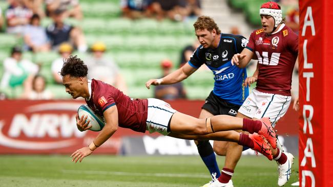 Jordan Petaia scores for the Reds against the Force last month. Picture: Daniel Pockett/Getty Images