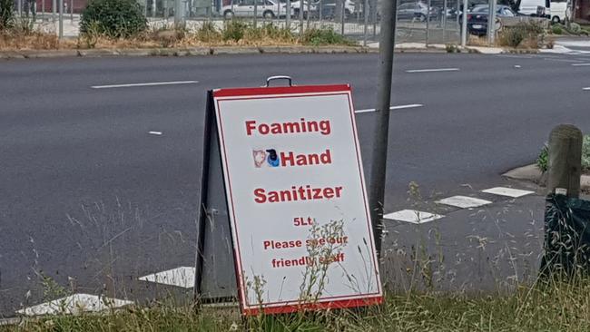 A sign promoting the hand sanitiser for sale at the Heathmont massage parlour on Canterbury Rd. Picture: Supplied.