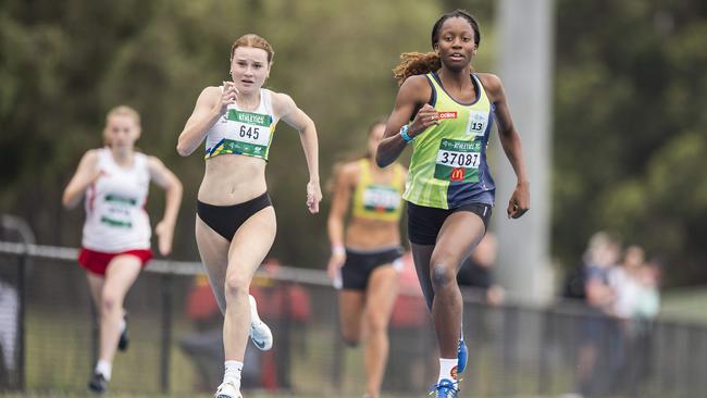 Mingara’s Jade Beaven (L) &amp; Port Stephen athlete Shari Hurdman (R) in action during the Women 100m Sprint Open heats event at the Athletics NSW All Comers meet at Mingara. Picture: Troy Snook