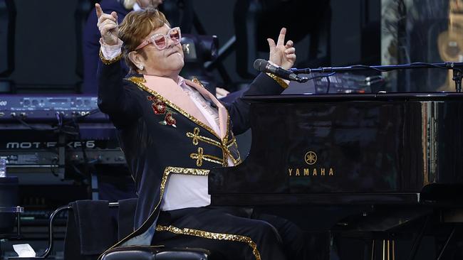 Elton John on stage at McDonald Jones Stadium during the Newcastle leg of his Farewell Yellow Brick Road Tour. Picture: Richard Dobson