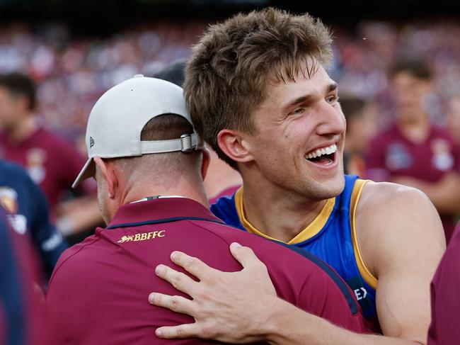 MELBOURNE, AUSTRALIA - SEPTEMBER 28: Zac Bailey of the Lions celebrates during the 2024 AFL Grand Final match between the Sydney Swans and the Brisbane Lions at The Melbourne Cricket Ground on September 28, 2024 in Melbourne, Australia. (Photo by Dylan Burns/AFL Photos via Getty Images)