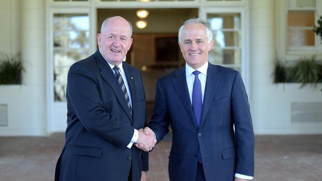 Governor-General Peter Cosgrove, left, and Malcolm Turnbull after his swearing in as prime minister in 2015. Picture: AAP