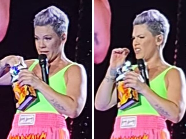 Pink tries Vegemite Shapes at Melbourne show